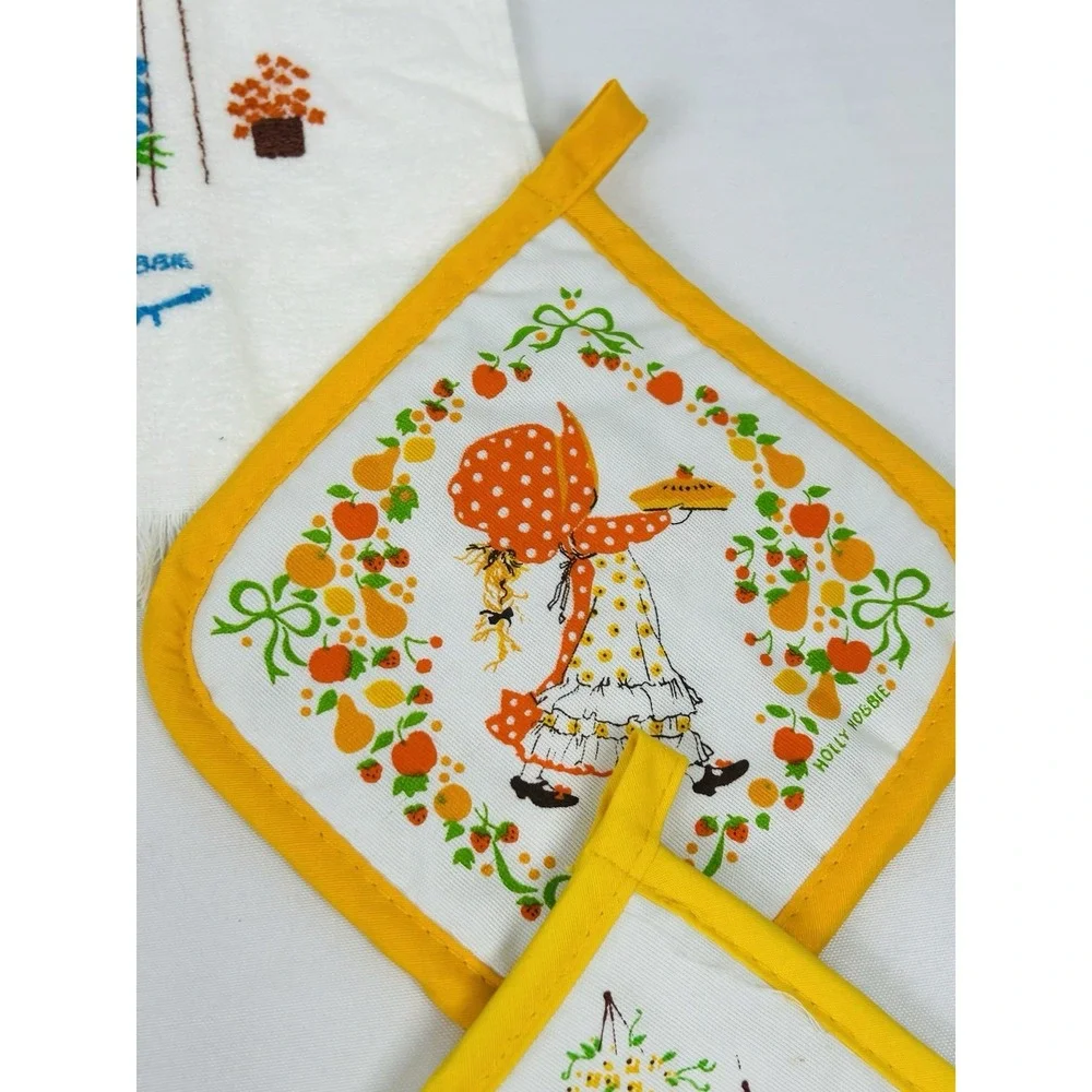 Vintage Holly Hobbie Cannon Dish Towel Wash Cloth Hot Pad Set 4pc Yellow Orange